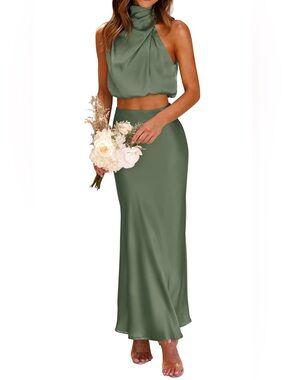 Satin Olive Green Maxi Skirt for Women